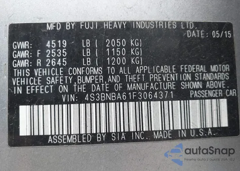 2015 Subaru Legacy 2.5I из США, поврежденный, VIN 4S3BNBA61F3064371